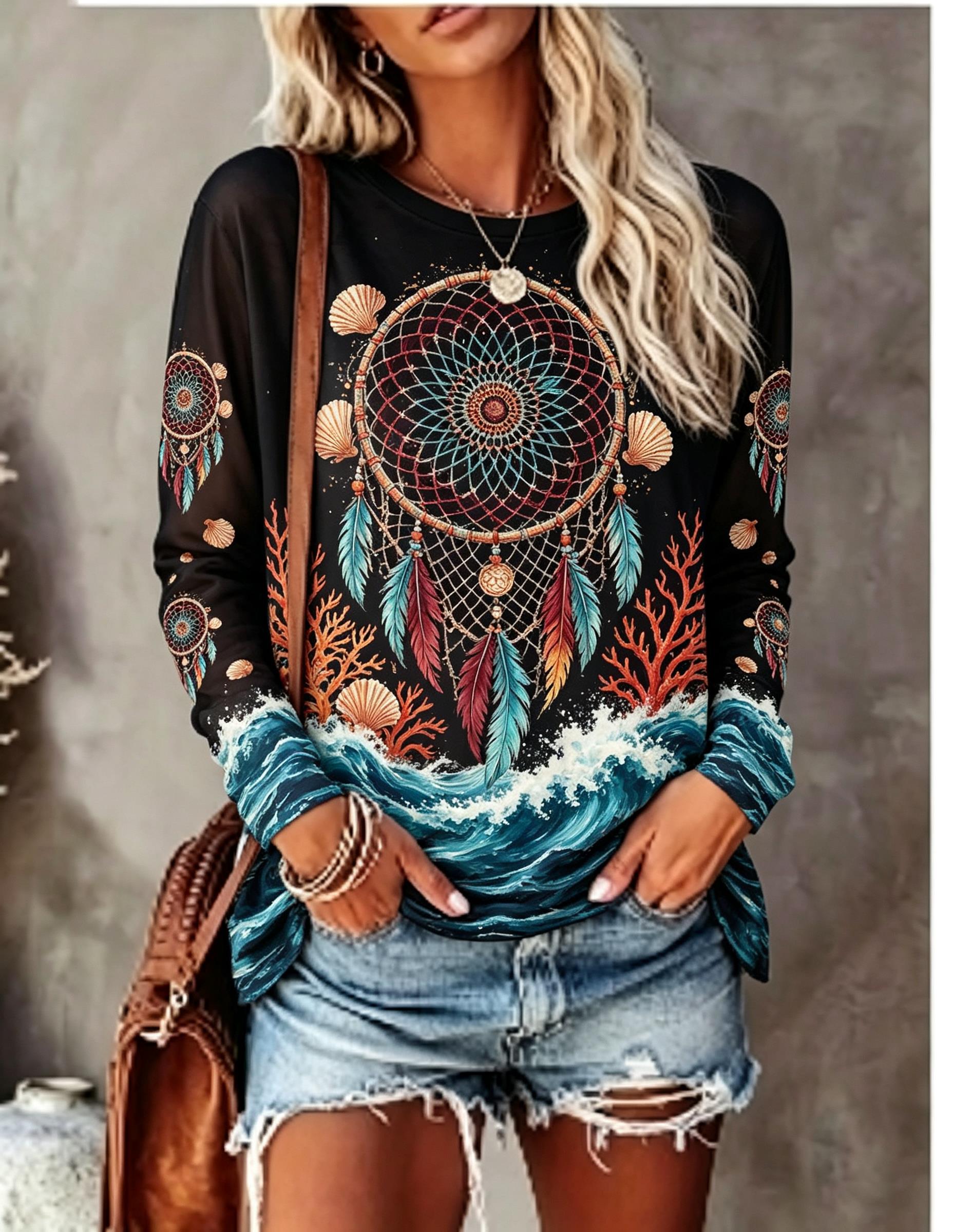 Blouses - Kadın Bisiklet Yaka Uzun Kollu Tişört