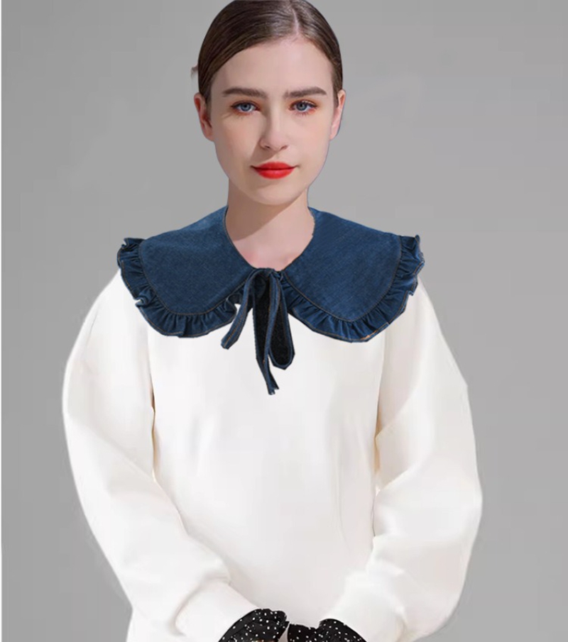 Blouses - Tatlı Mavi Renkli Kot Kumaşlı, Fırfırlı,