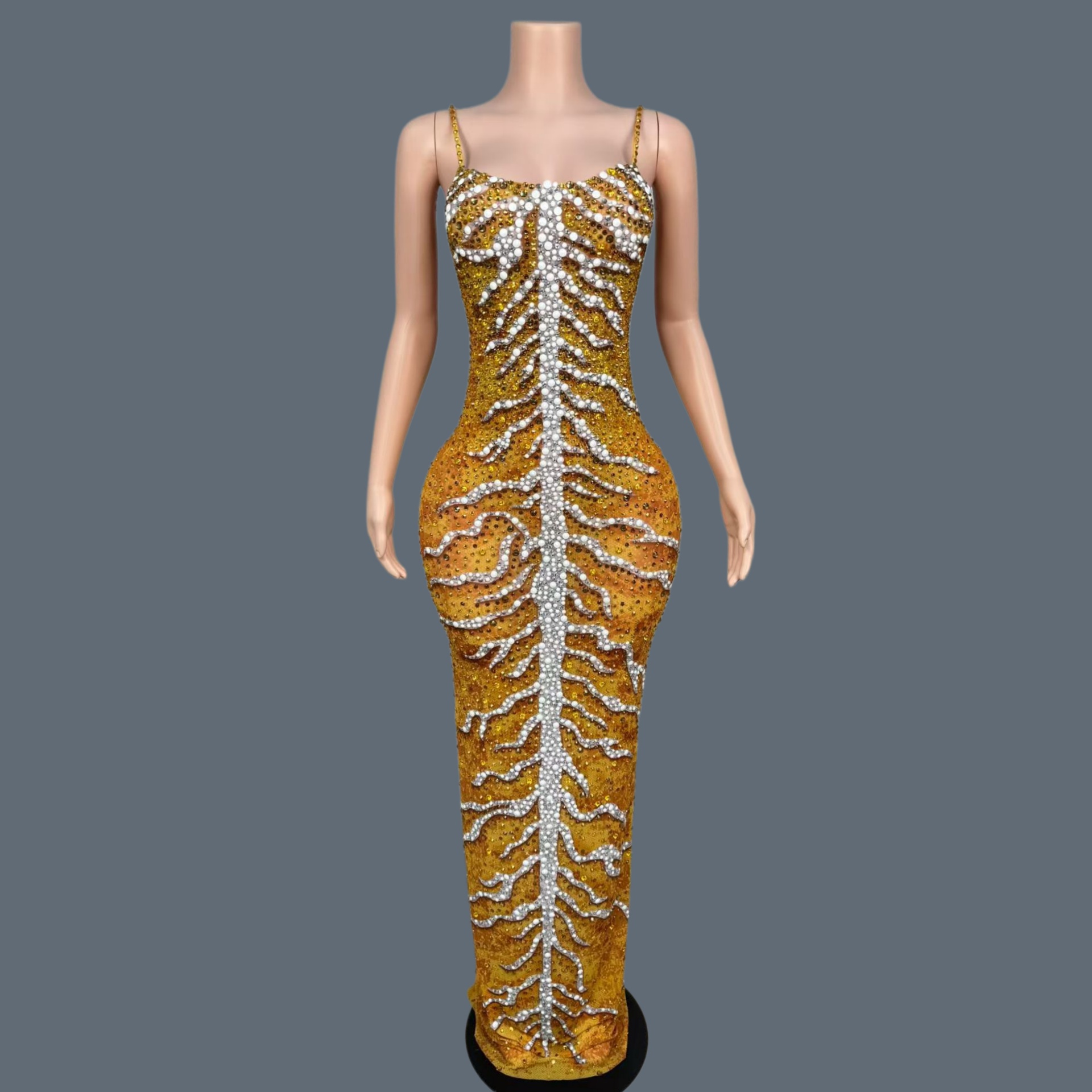 Sparkly Rhinestone Club Party Dress - Lüks Taşlı Parlak Spandeks Zarif Uzun