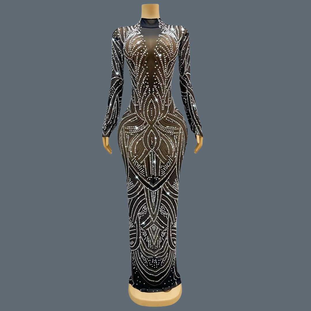 Sparkly Rhinestone Club Party Dress - Siyah, Yeni Tarz, Parıltılı Taşlarla Süslenmiş,