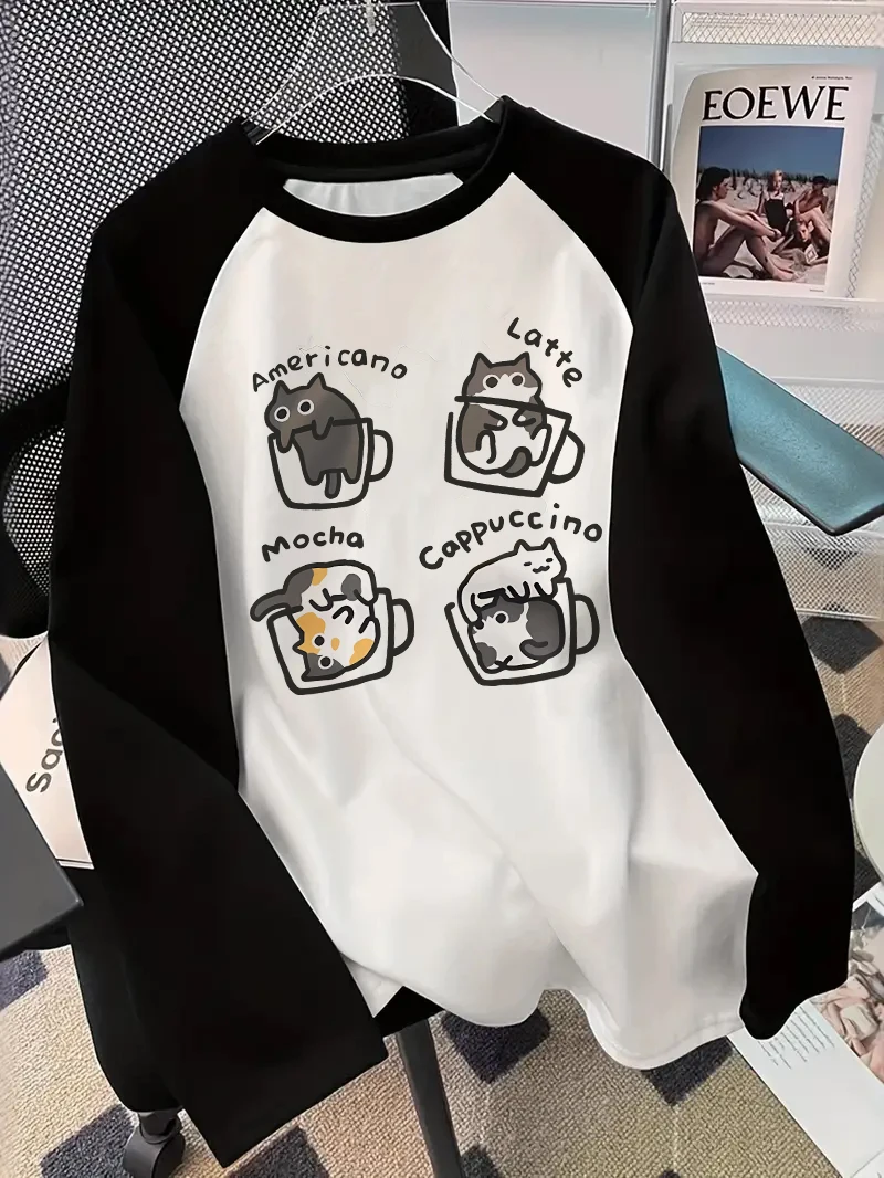 Blouses - Coffee Cat Uzun Kollu Tişört, Baskılı,