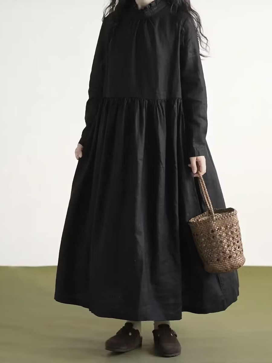 Siyah Dantel Yakalı Uzun Kollu - Casual Loose Linen Shirt Dress incelemesi ve fiyatı